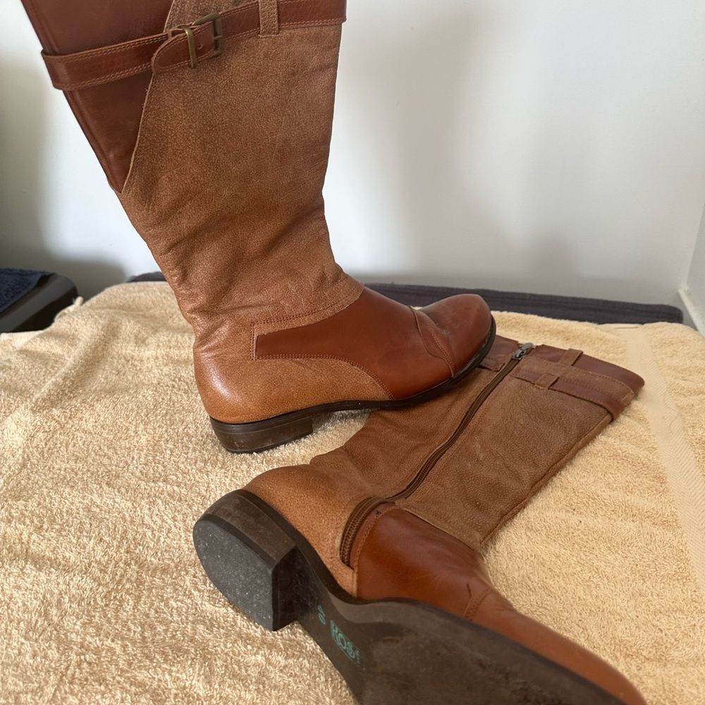 Brown Leather Ankle Booties with Rounded Toe and Low Heel